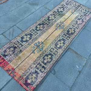 พรมตุรกีขนาด 2.3x6.4 ฟุต, พรม, พรมลายตารางสีน้ำเงินทำจากขนสัตว์ - Product Image 2