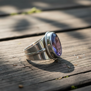 Bague en argent sterling avec améthyste naturelle, faite à la main, moderne, ovale, pour femmes, bijoux de naissance de février - Product Image 3