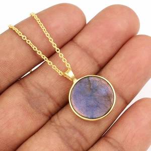 Women's 15mm Natural Blue Fire Labradorite <b>Pendant</b> <b>Necklace</b> Dainty Minimalist Design <b>Fine</b> Sterling Silver Gold Plating Jewelry - Product Image 2