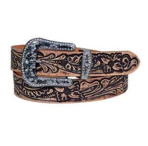 Ceintures en cuir usiné à fleurs noires unisexes de qualité supérieure avec boucles fantaisie perlées produits de cheval durables personnalisés - Product Image 1