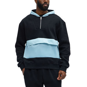 Sweat à capuche en molleton de coton pour homme, de haute qualité, à épaules tombantes, patchwork, demi-zip, surdimensionné, avec grande poche avant, blocs de couleur - Product Image 1