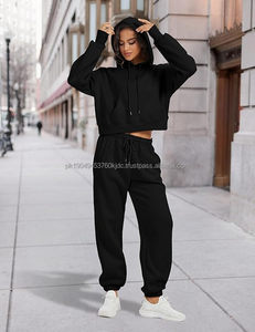 Pantalones de chándal Jogger con forro polar y capucha de patrón sólido para mujer, ropa deportiva, chándal de 2 piezas con decoración de encaje - Product Image 2