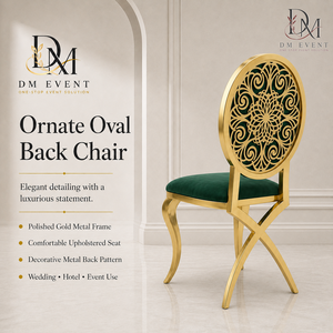Chaise d'événement en acier inoxydable avec dossier découpé décoratif doré et revêtement vert pour mariages et banquets d'hôtel - Vente en gros - Product Image 1