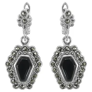 925 Silver Stud <b>Earrings</b> with Black Onyx <b>Marcasite</b> Trendy Design for Wedding Engagement or Anniversary Gift for Women - Product Image 2