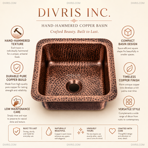 DIVRIS Lavabo de Cobre Martillado Hecho a Mano, de un Solo Tazón, Cuadrado, Moderno, con Acabado Pulido, para Cocina o Baño, 12x12 pulgadas - Product Image 3