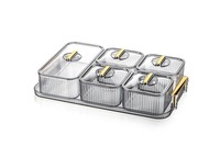 Ensemble de petit-déjeuner jetable écologique 5 pièces avec couvercle transparent, poignées dorées, style zen asiatique, logo personnalisé, plastique PS, multi-usages pour aliments