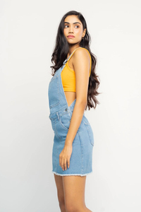 Vente en gros de robe salopette personnalisée pour femmes de la meilleure qualité, simple bouton délavé, denim écologique respirant au genou - Product Image 4