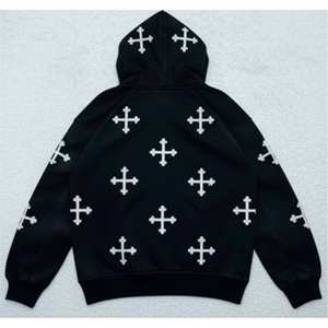 Sweat à capuche pour homme en coton 100% noir, imprimé sur mesure, avec des patchs de croix gothique blancs, effet délavé au soleil, style streetwear, fermeture éclair, veste à capuche punk, printemps - Product Image 2