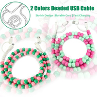 Câble de données USB 4-en-1 Macaron bicolore avec perles décoratives, cordon de charge pour téléphone, ornement pastel