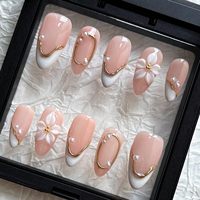 Press-on nagels MAGLFELL handgemaakte amandelvormige nepnagels, 3D wit parelmoer design voor bruiloften, 10 stuks herbruikbare acryl nageltips
