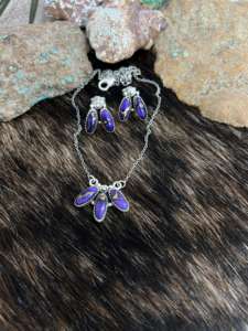 Natural púrpura Dahilia 925 plata esterlina Post Stud pendientes collar conjunto hecho a mano piedras preciosas joyería fina conjunto regalo para ella - Product Image 4