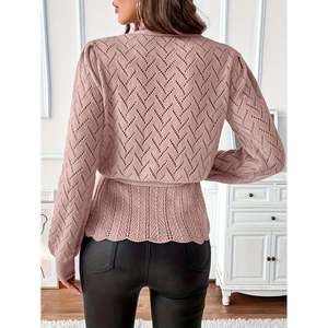 Women's Casual V-Neck <b>Long</b> <b>Sleeve</b> <b>Balloon</b> <b>Sleeve</b> <b>Cardigan</b> with Lace Trim Button Decoration Medium Gray/Black Wrap Tie Detail - Product Image 4