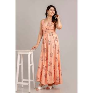 Robe longue évasée sans manches imprimée fleurs pêche SHKUP1367, taille unique, taille élastique, respirante, durable, grande taille, pour le quotidien - Product Image 1