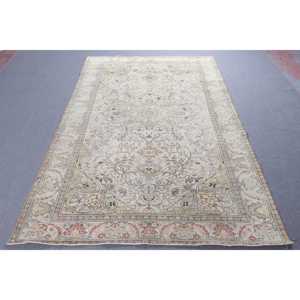 พรมขนาด 6.4x9.7 ฟุต, พรมวินเทจตุรกี, พรมขนสัตว์ลายดอกไม้สีขาวน้ำตาล - Product Image 1