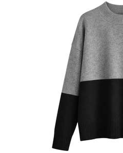 Ensemble pull et pantalon large en tricot à blocs de couleur pour femmes, pull doux d'hiver avec pantalon à taille élastique, gris noir - Product Image 3