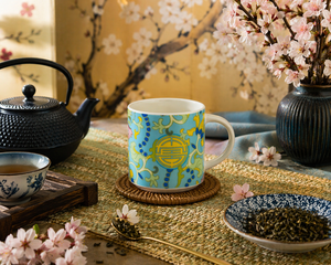 Round Durable New Bone China Set 6 Espresso Coffee Mugs 10 cl (3.4 fl oz) Multicolor Oriental Design La Via Della Seta Excelsa - Product Image 3