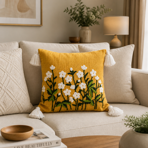 Cojín Decorativo Bordado a Mano con Flores de Algodón, Color Amarillo Mostaza, con Borlas, para Sala de Estar - Product Image 2