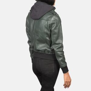High Quality Wholesale Vintage original Green Hooded PU Leather Bomber <b>Jacket</b> for <b>Women</b> with Zipper closure easy to wear - Product Image 4