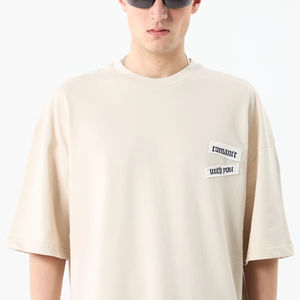 Personalizado al por mayor de los hombres Streetwear 100% algodón de gran tamaño personalizado GSM camiseta de alta calidad pesado cosido en blanco diseño Beige - Product Image 3