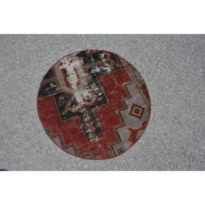 Classic Vintage Turkish Rug 2.4 X 2.4ft <b>Red</b> Black Patchwork Large Area Wool PP <b>Material</b> with Latex Backing for Hallway & Room - Product Image 4