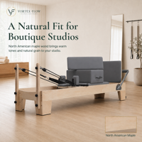 Machine de Pilates Reformer avec cadre en érable massif, système à ressorts allemands et appui-tête réglable pour studios de prestige