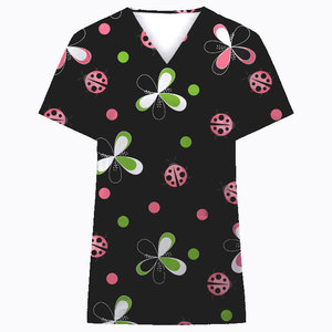 2025 precio bajo personalizado cuello en V uniforme médico vacaciones Scrubs enfermería camisetas de manga corta mujeres Scrub Tops Lona de alta calidad - Product Image 2