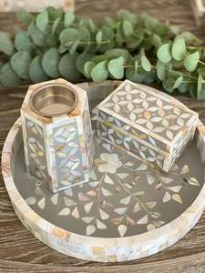 Juego de bandeja de quemador de incienso de madreperla redonda moderna hecha a mano, caja de quemador de incrustaciones de fregona de madera, calentador de velas, juego de bandeja de quemador Bakhoor - Product Image 2