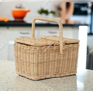 Vintage Wicker Bamboo Wooden Top Picnic Basket <b>Set</b> With Wooden Handle and Double Lid Outdoor Rattan Woven Basket Picnic Basket - Product Image 3