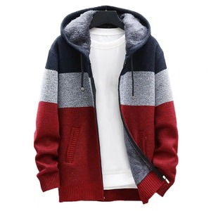 Manteau à capuche pour hommes, tricoté en blocs de couleurs, automne hiver, cardigan chaud avec doublure en peluche épaisse pour le bureau. - Product Image 6