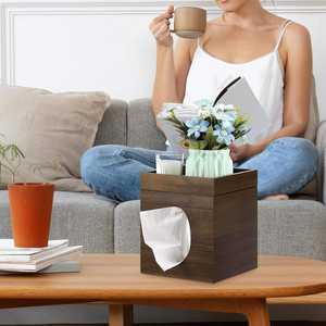 Cubierta de caja de pañuelos de madera marrón con bandeja de almacenamiento soporte cuadrado para baño dormitorio Oficina mesa de cena para uso de mesa de boda - Product Image 6