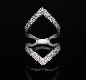 แหวนเพชรแบบเปิดรูปตัววีทำจากทองขาว14K มีสไตล์สำหรับผู้หญิงเครื่องประดับทรงเรขาคณิตประดับเพชรธรรมชาติ - Product Image 1