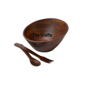 Bol à salade en bois avec poignée en cuir forme ronde taille personnalisée bol à fruits pour la maison hôtel restaurant utilisation - Product Image 2