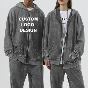 Sudadera con capucha con cremallera lavada con ácido Unisex 350G Y2K Vintage Streetwear cárdigan de gran tamaño bordado personalizado 100% algodón para hombres para invierno - Product Image 1
