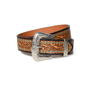 Cinturón occidental para hombre de alta calidad Cinturón de cuero tallado a mano con estampado floral marrón con hebilla de plata antigua Diseño de herramientas duraderas - Product Image 1