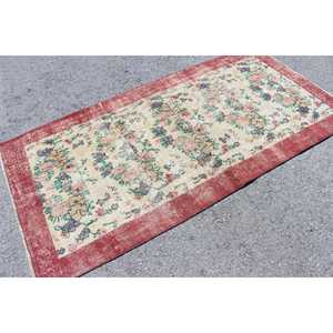 Tapis turc 3,7x7,2 pieds, tapis en laine rouge et blanc à bordures - Product Image 2