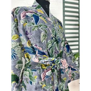 Robe de chambre unisexe en velours de luxe, kimono, veste réversible avec doublure en soie, cadeau automne-hiver, élégant, vert Ikat, bleu Malibu, enveloppant - Product Image 6
