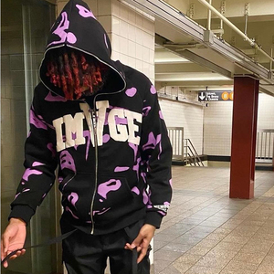 Venta al por mayor Venta caliente Streetwear All Over Printing Puff Print Full Face Zip Up Hoodie Hombres Custom Full Zip Hoodie - Product Image 3