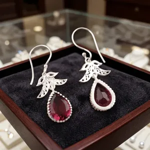 Women's 925 Sterling Silver <b>Garnet</b> Drop <b>Earrings</b> Classic Water Drop Bezel Set Dangle <b>Earrings</b> For Party - Product Image 3