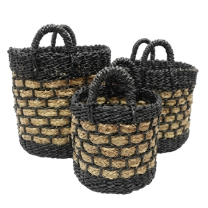 Natural Seagrass Recycled <b>Plastic</b> Storage <b>Basket</b> Set Black Border Block Weave Arch Handle Pot Planter Organizer Setup Pure Art - Product Image 1