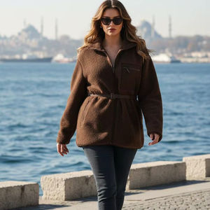 <b>Black</b> Oversize Sherpa Jacket Zipper Windproof Plus Size Winter <b>Coat</b> Sheep <b>Fur</b> Lining Wool Printed Polyester Knitted <b>Hooded</b> Half - Product Image 1