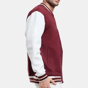 Chaqueta Varsity para Hombre, Color Granate con Mangas Blancas, Cuello Alto, Cierre de Botones, Estilo Casual para Otoño, Corte Regular, Material de Poliéster - Product Image 2