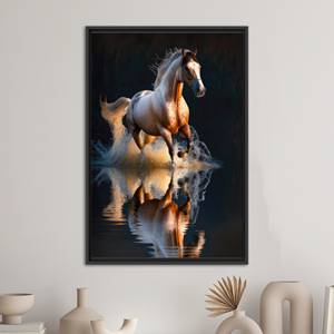 Cuadro de Caballo Corriendo sobre Lienzo - Arte de Pared para Loft, Impresión Animal Contemporánea, Decoración Moderna, Enmarcado en Negro - Product Image 1