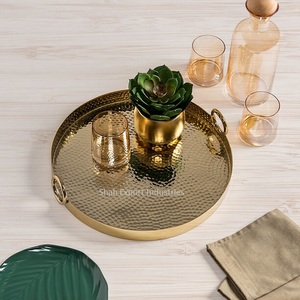 Hammered Metal <b>Serving</b> <b>Tray</b> With Handle <b>Gold</b> Finished round Shape For Home Tabletop Multipurpose Food <b>Serving</b> <b>Trays</b> - Product Image 1
