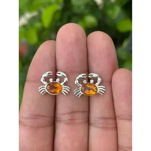 ต่างหูเงินแท้ 925 รูปปูประดับซิทริน ชุบทอง 14K 18K วัสดุหลักแบบฝังขอบ ดีไซน์ทันสมัย สีโรสโกลด์ ประดับเพชร - Product Image 1