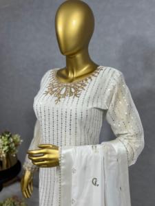 Pantalones de Seda con Encaje y Dupatta, Vestido Casual de Georgette Sintética con Lentejuelas y Diamantes, Bordado Doble, Completamente Cosido, Ropa de Mujer - Product Image 5