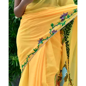 Sari Radhe Georgette Banarasi Amarillo, Sin Arrugas, de Secado Rápido, Largo Hasta el Suelo, Estilo Bollywood, para Bodas, Fiestas y Diwali - Product Image 4