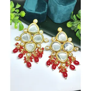 Grandes boucles d'oreilles pendantes en perles rouges Kundan pour femmes, accessoire de mode - Product Image 1