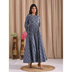 Vestido Anarkali de Seda Azul con Estampado a Mano para Niñas, Último Diseño Étnico Indio, Estilo Sexy para Uso Diario, Dibujado a Mano - Product Image 6