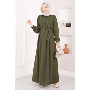 Vestido Hijab Color Caqui con Detalles de Encaje y Cintura Natural - Product Image 1