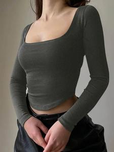 T-shirt uni de haute qualité pour femmes, en coton élastique, t-shirts basiques pour femmes, hauts décontractés à manches longues, t-shirt fin et sexy - Product Image 6